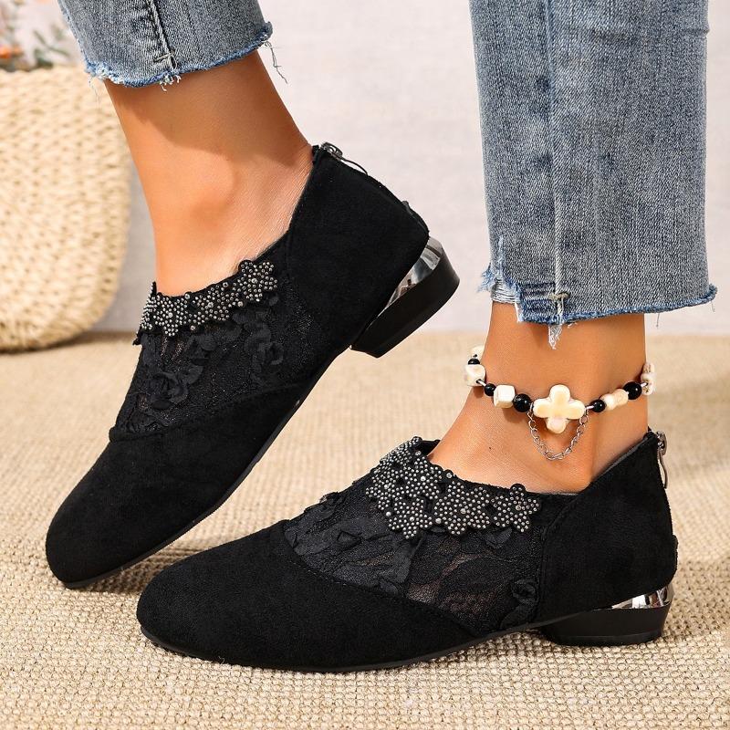 New Single Shoes for Autumn Women's Fashion Round Toe Suede Spliced Mesh Crystal Flower Soft Sole Non-Slip Low-Top Shoes