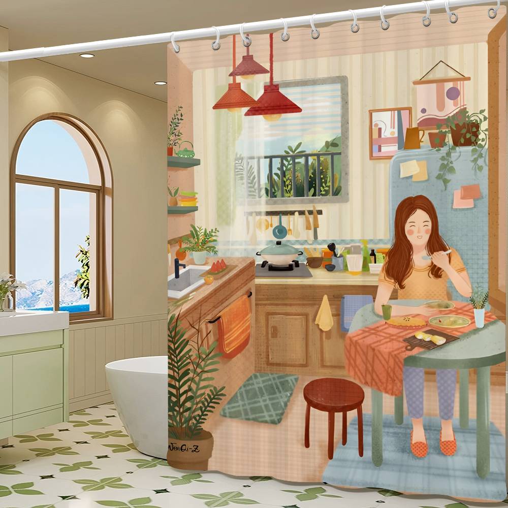Söta Duschdraperier för Kökstjejer 180cm Polyester Modern Stil Badrumsgardin Med Krokar Vattentätt Roligt Duschdraperi