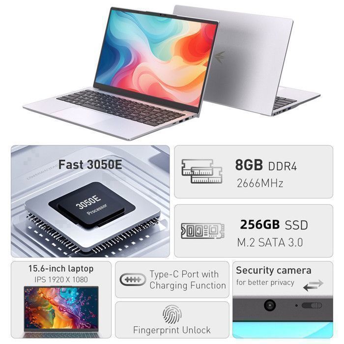 PC Portable AUUSDA - Windows 11 PRO - 15.6" AMD Athlon Silver 3050E , Dual-Core RAM 8Go -256Go SSD - WiFi5,Ordinateur Portable