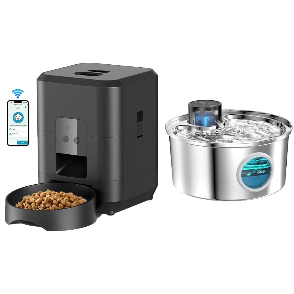 Stainless Steel Induction Pets Water Fountain Smart Pet Food Dispenser Tuya WIFI Rechargeable Automatic Feeder