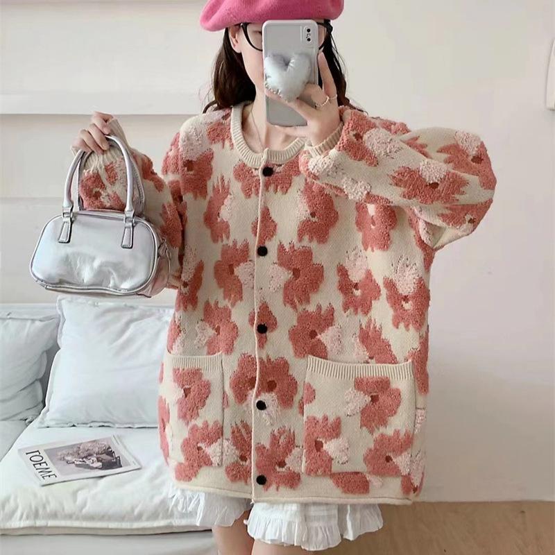 Autumn and Winter Women's Clothing Flower Jacquard Knitted Cardigan Women's Korean Version Lazy Loose Large Size Sweater Jacket