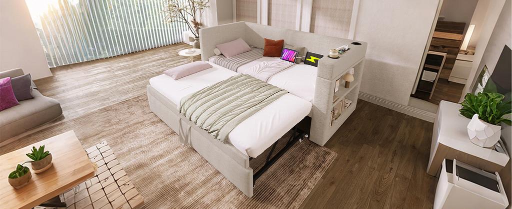 Upholstered daybed 90x190 cm, sofa bed, pull-out bed, armrests, USB & Type-C charging port, cup holder, linen blend fabric, beige, without mattress.