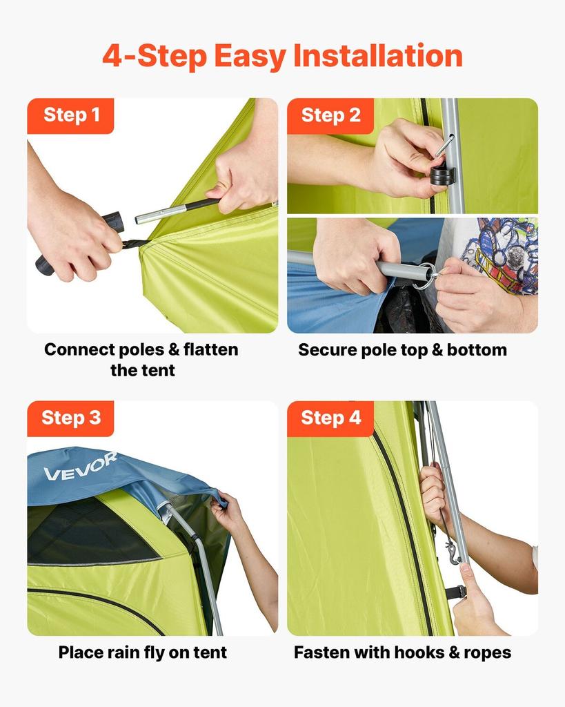 Camping Shower Tent, 1 Room, Portable Privacy Tent Changing Room with Ground Stakes, Ropes, Carry Bag, and Steel Poles, 200D Oxford Fabric with Silver