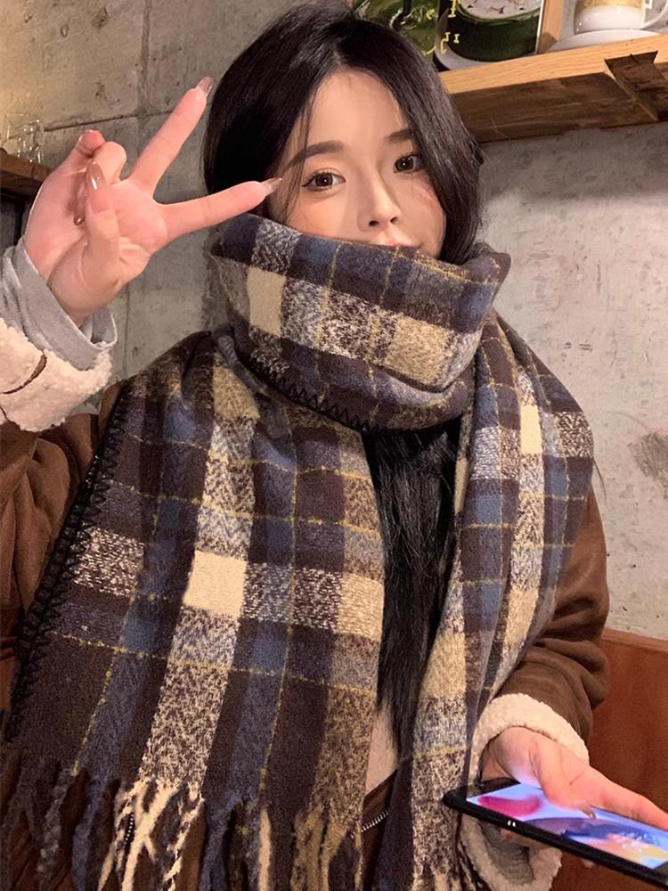 Knitted Retro Scarf Headscarf Winter Women Men Preppy Plaid Tassel Warm Scarve Pashmina Mujer Femme Male Long Wrap Shawl Unisex