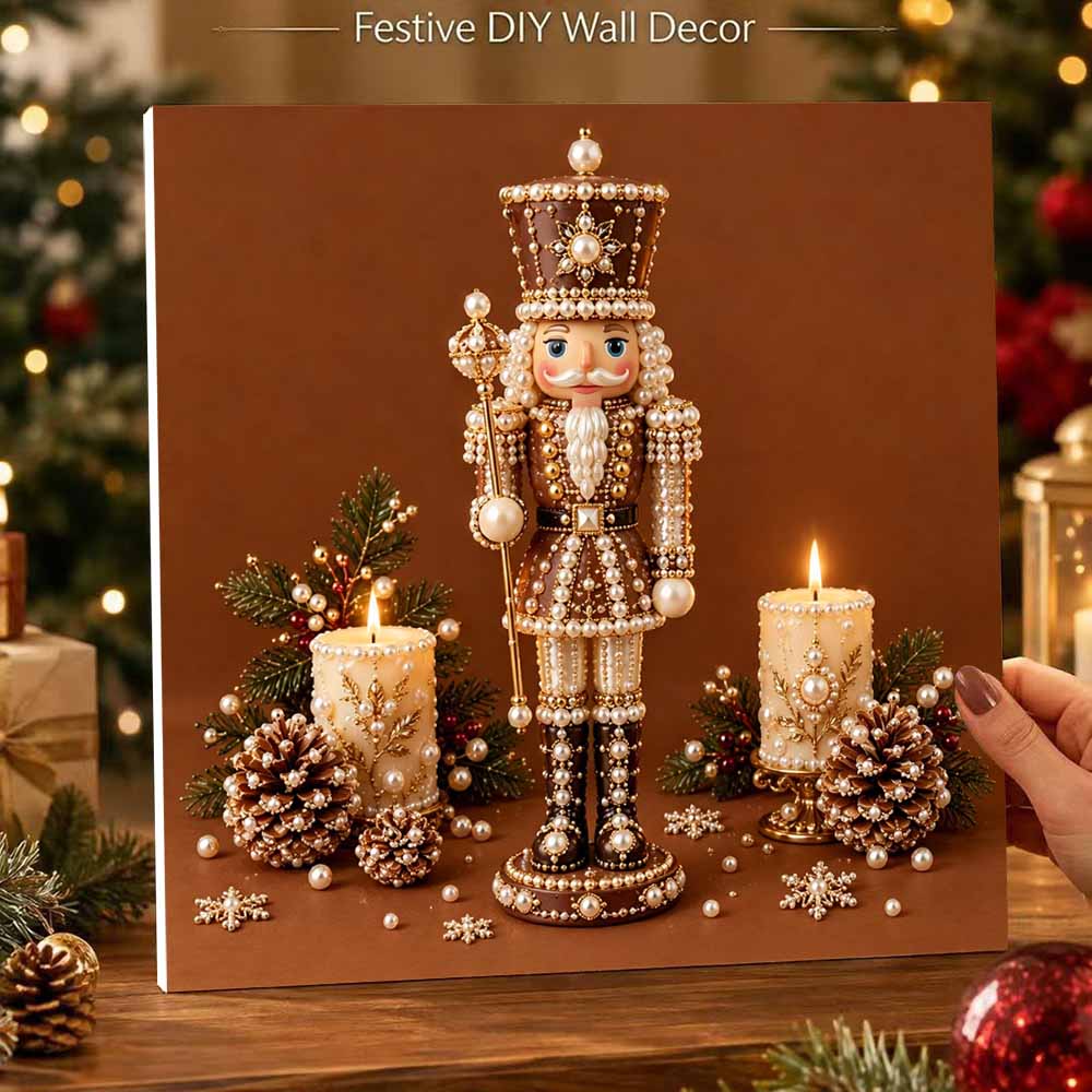 DIY Framed Pearl Painting Kit with Nutcracker Soldier 5D Sparkling Bead Art Canvas Ready to Display Home Decor Christmas Gift Idea