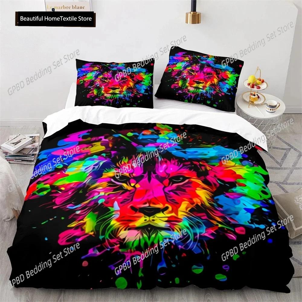 Lion Duvet Cover Set 3D Print Wild Animals Colourful King Queen Size For Kids Teens Adults Bedding Set Polyester Comforter Cover