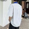 INCERUN Men Short Sleeve Shirts Lapel Stitching Striped Loose Shirts