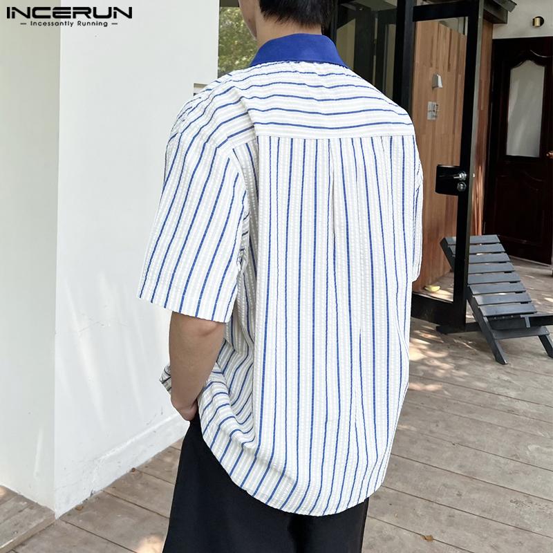 INCERUN Men Short Sleeve Shirts Lapel Stitching Striped Loose Shirts