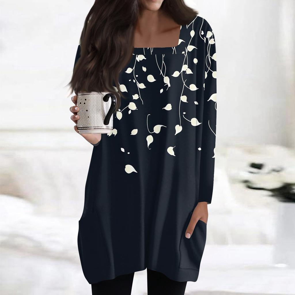 Womens Tops Square Collar Long Sleeve Blouses Casual Mid-length Shirts Fashion Print Tunic Tops With Pockets