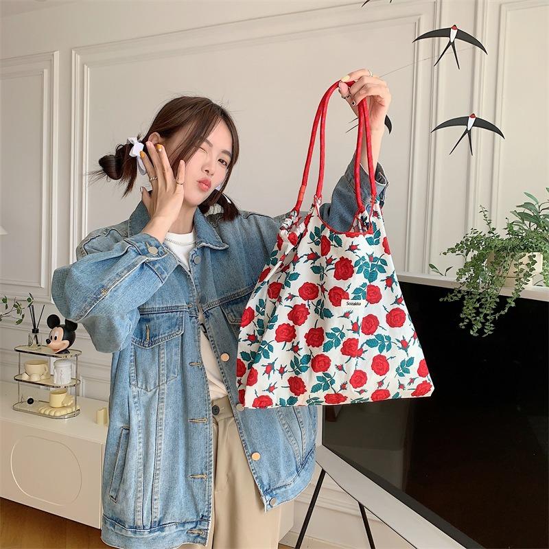 Hanfeng Summer Largecapacity Hand Carry Shoulder Bag Drawstring Shopping Bag Fresh Floral Tote Bag Underarm Bag