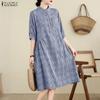 Women Plaid Print Casual Round Neck Loose Half Sleeve Dress