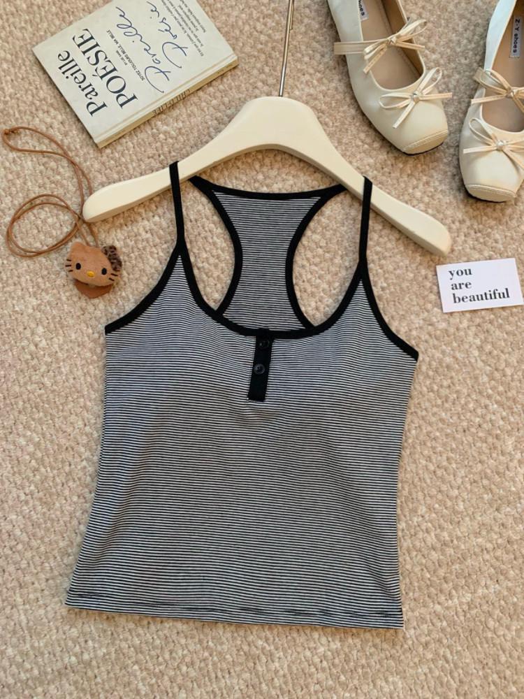 Spring/Summer Korean Slimming Striped Color Block U-Neck Backless Camisole for Women