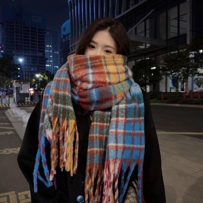 Fashion Korean Version Plaid Imitation Cashmere Scarf Winter Warm Thickened Contrasting Color Student Couple Scarf Long Scarf