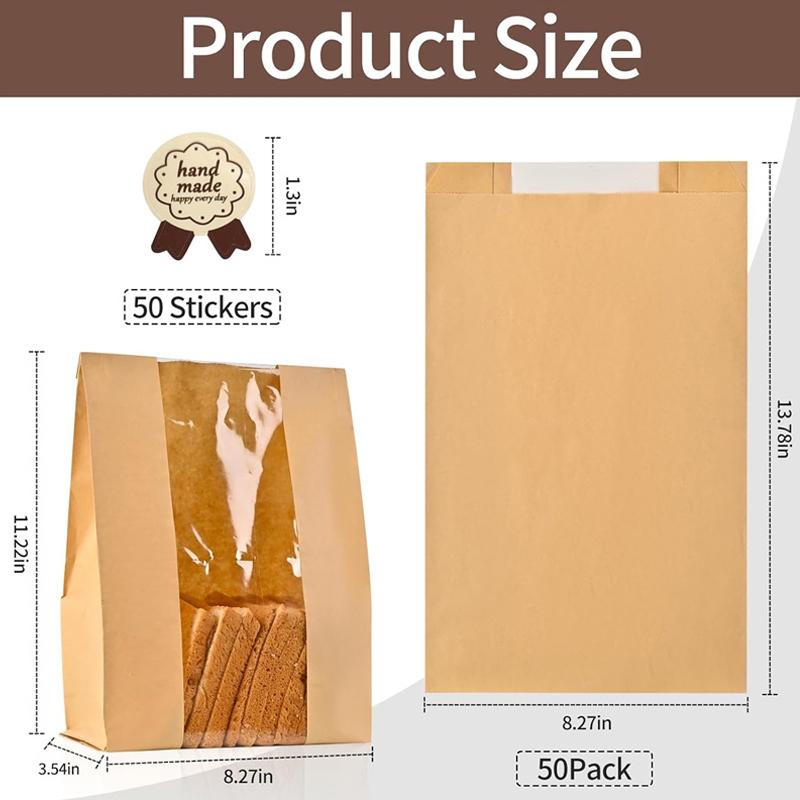 50Pcs Kraft Paper Bag With Window Bread Packaging Bags Handmade Toast Biscuit Candy Packing Pounches With Label Sealing Stickers
