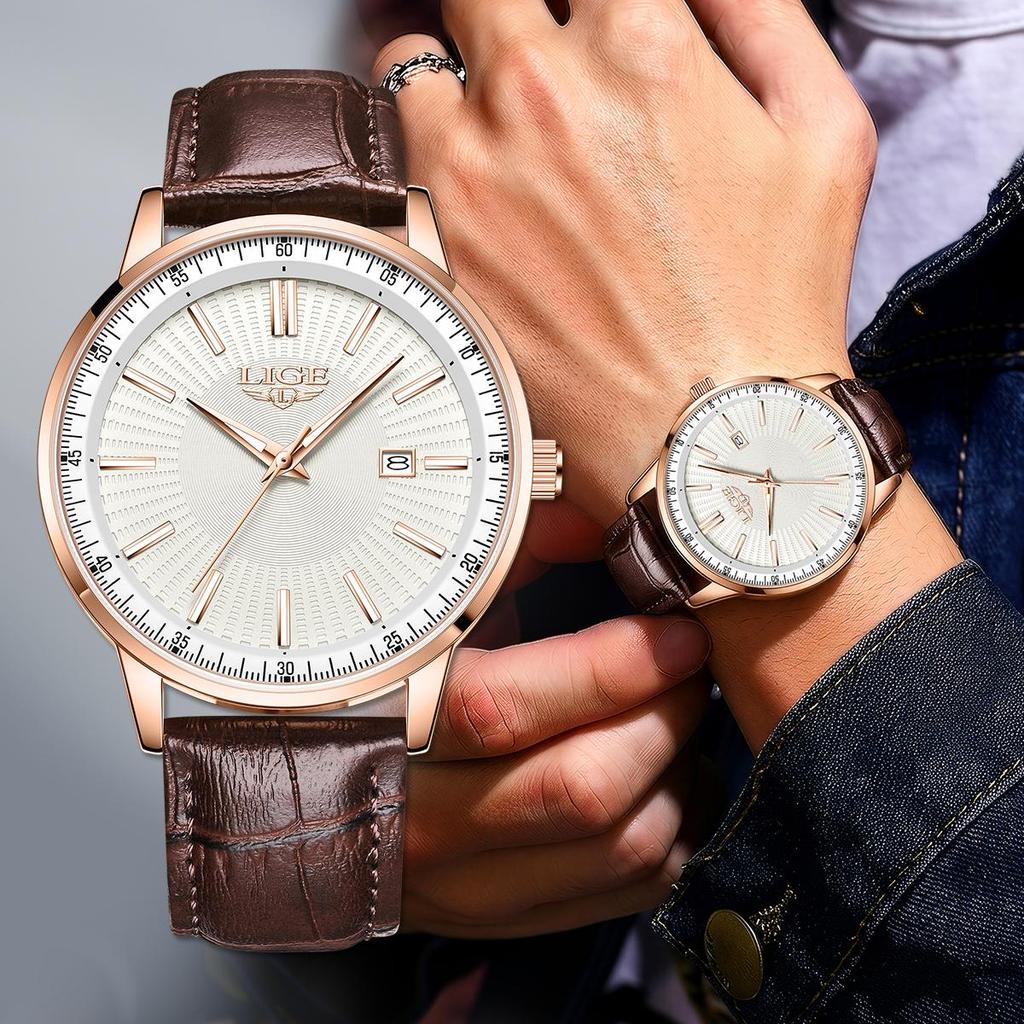 LIGE Men Business Quartz Watch Leather Strap Calendar Waterproof Minimalist Wristwatch
