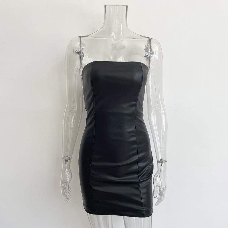 Strapless PU Leather Mini Dress Backless Outfits Summer Night Club Party Bodycon Dresses Sleeveless Solid S-L
