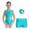 Girls Gymnastics Outfit Keyhole Back Patchwork Sleeveless Glittery Rhinestones Leotard V Front Waistband Shorts Set
