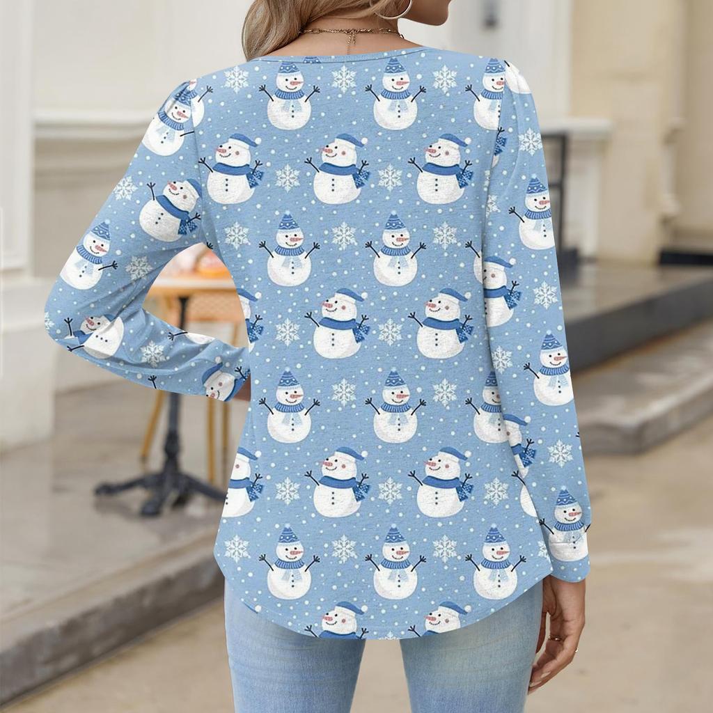 Dámská módní ležérní halenka s výstřihem do V, knoflíky, vánoční potisk, s dlouhým rukávem, pulovr, tričko, top