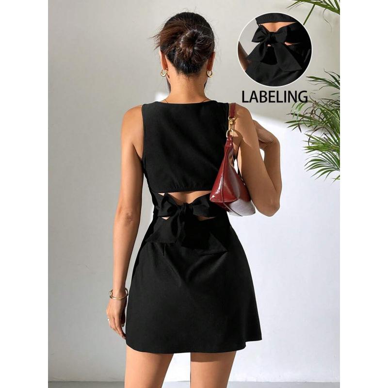 European French temperament casual simple backless bow strap sleeveless crew neck dress women XS чёрный