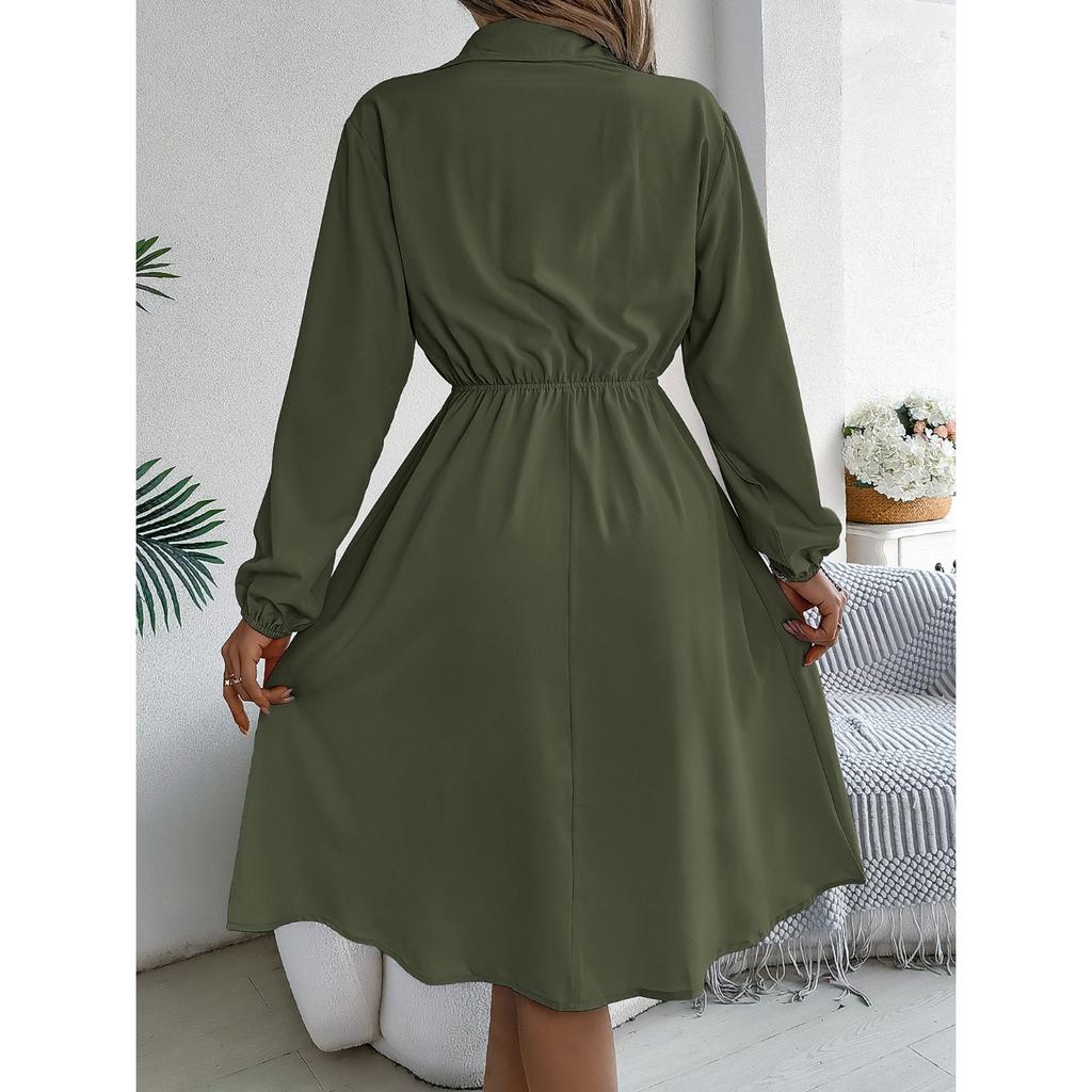 HNXC Autumn and Winter Casual Button-tied, Waist-cinching Long-sleeved Shirt Dress for Women