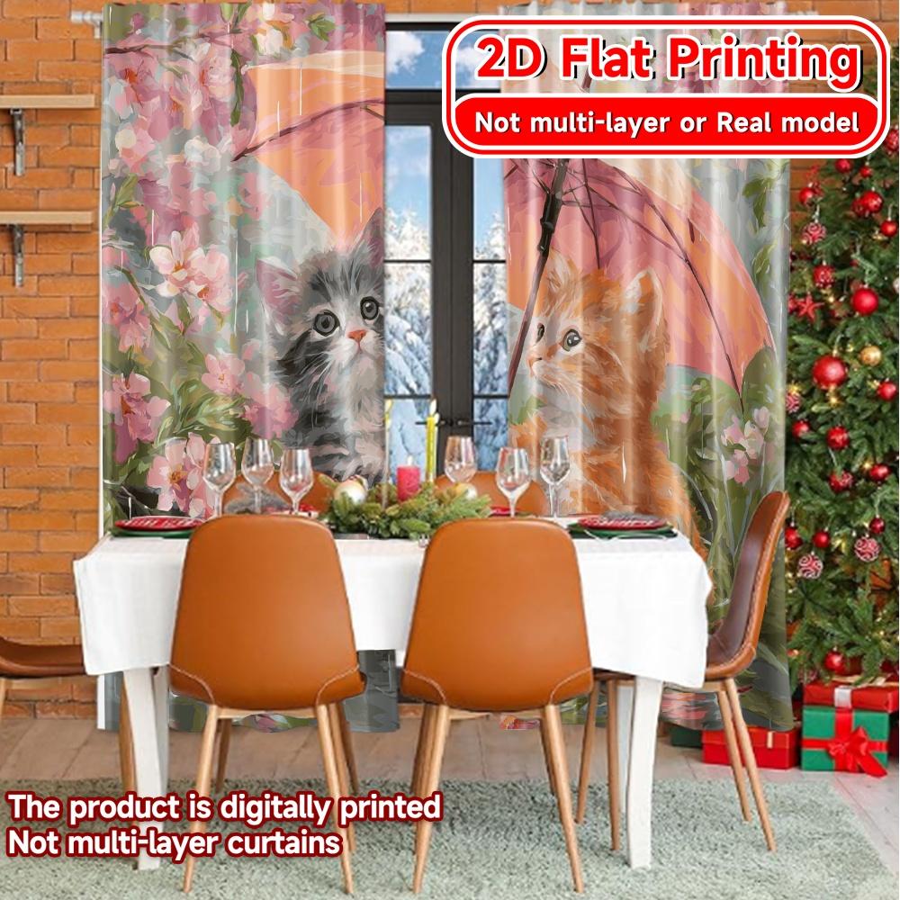 Contemporary Flat Printing Blossom Kittens Modern Curtains Versatile Polyester Festive Perfect Living Set Of 2 Made