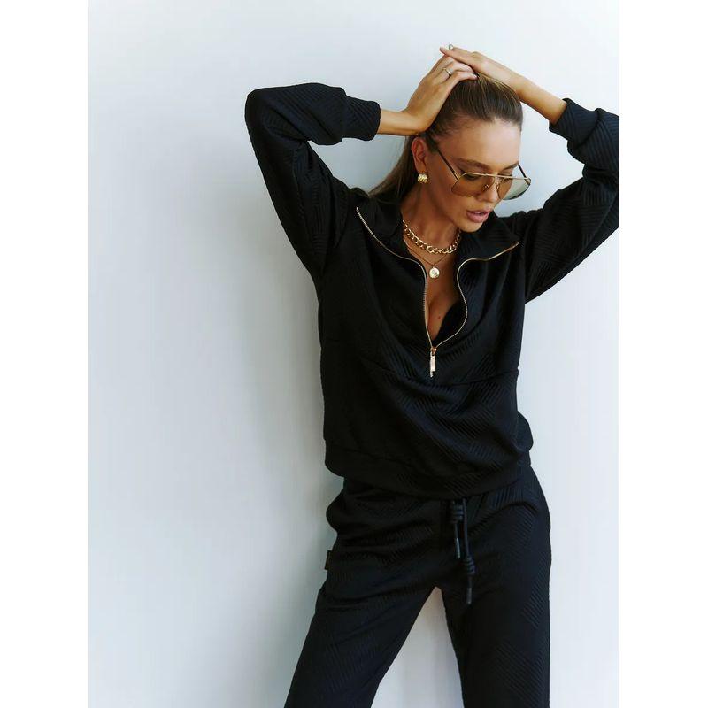 

Collar Long Sleeved Hoodie and Pants Set Lapel Long sleeve Hoodie Trousers Set Black M