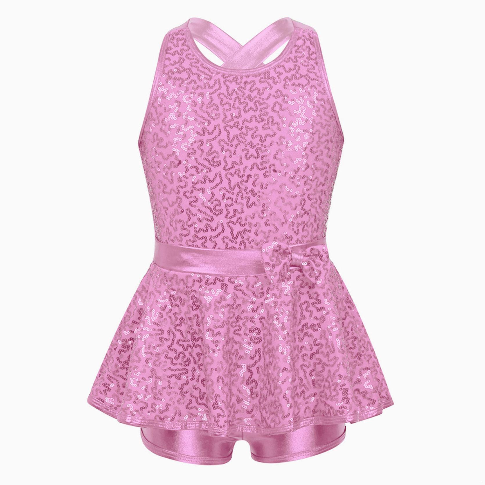 

Детское балетное джазовое современное платье с блестками для девочек, одежда для танцев, костюм для выступлений, трико с перекрещенной спиной, шорты 12-14 Years розовый