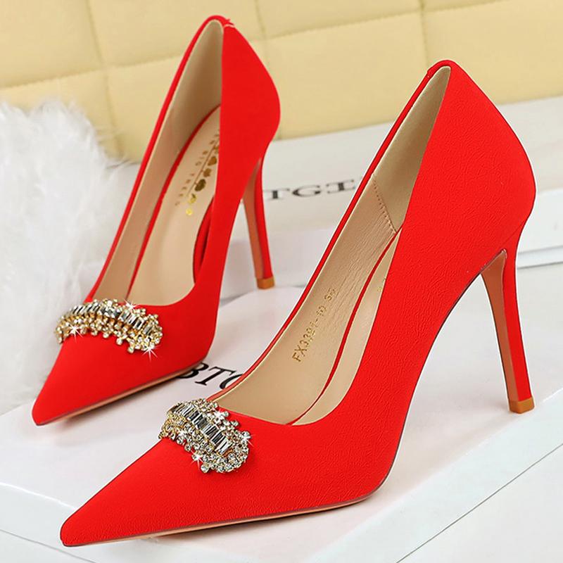 Rhinestone buckle Women Pumps high heels Stilettos 10 cm Luxury banquet shoes Sexy party shoes Ladies' wedding shoes
