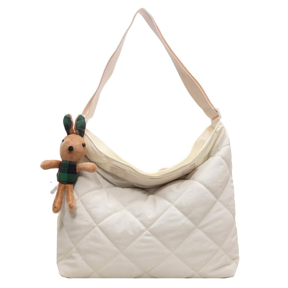 Women Quilted Tote Bag with Pendant Puffy Crossbody Bag Large Capacity Satchel Sling Bag Padded Shoulder Bag Daily Dating Bag