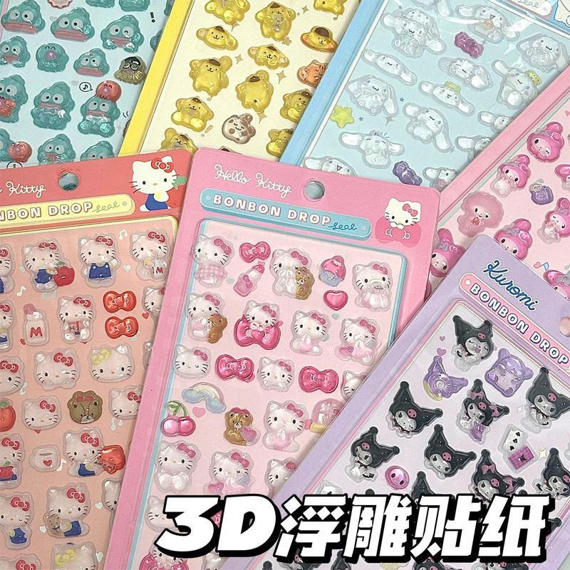 Hello Kitty Kuromi Cinnamoroll 3D Jelly Sticker Kids Kawaii Transparent Paster Phone DIY Decoration Classic Toys Children Gift