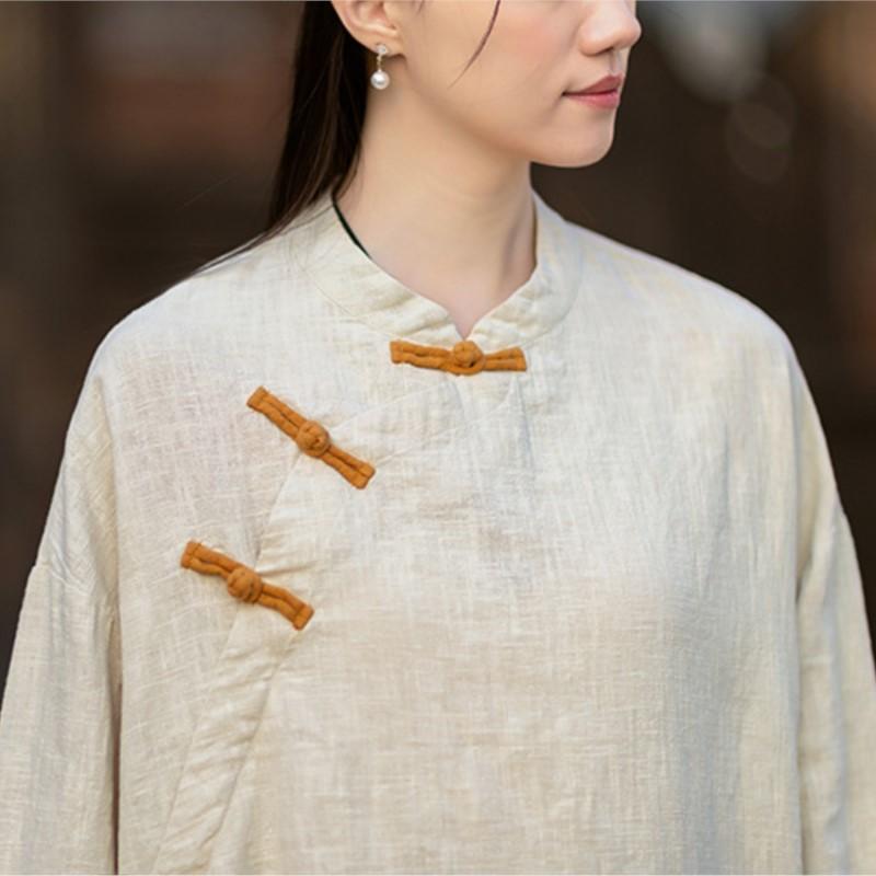 Johnature Women Vintage Shirts Tops Button Spring Chinese Style Solid Color Stand Long Sleeve Blouses