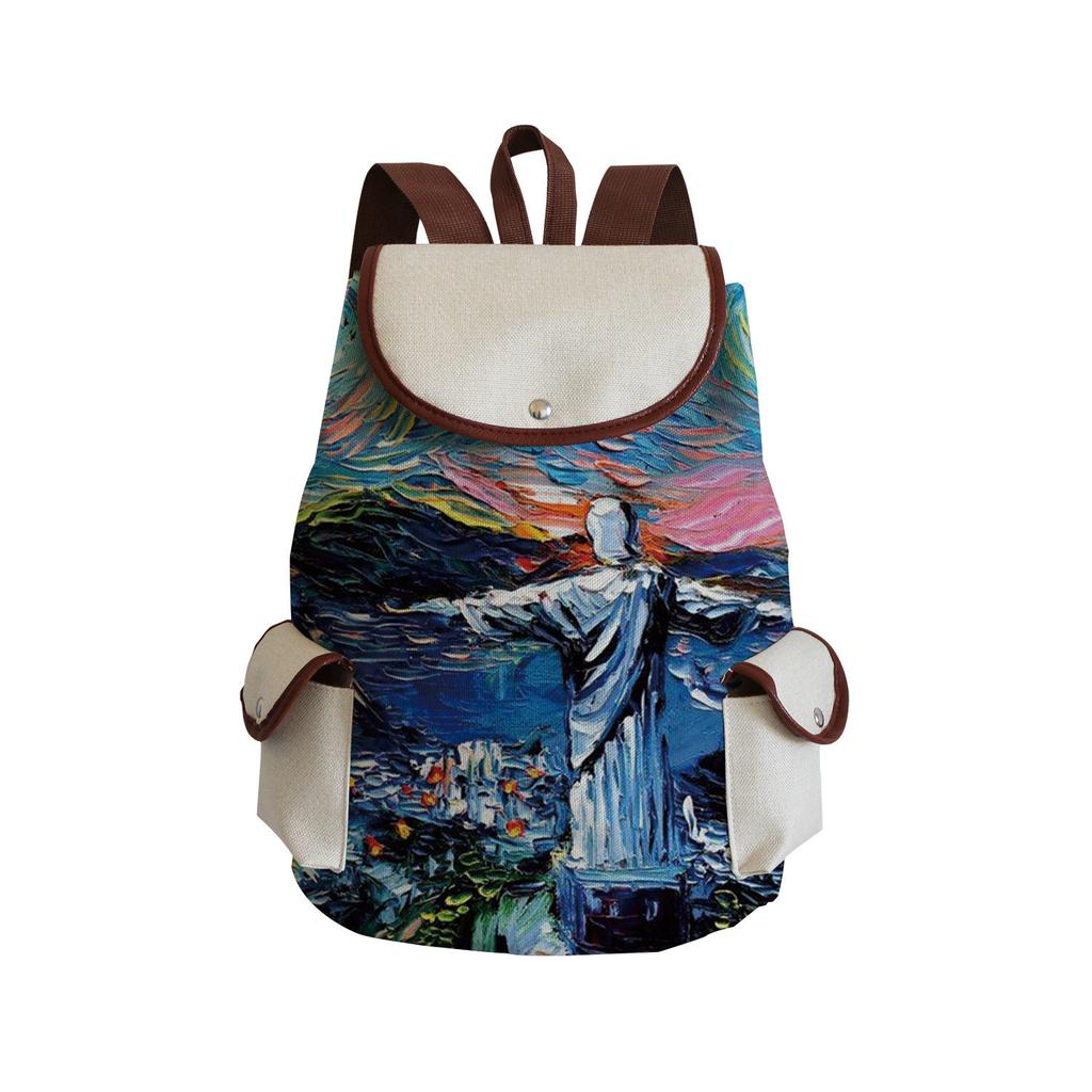 Wind Creative Van Gogh Oil Painting Print Backpack, Large-Capacity Student Schoolbag, Portable Travel Backpack