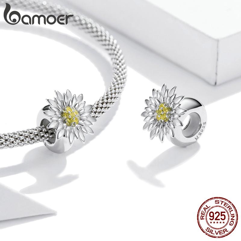 Bamoer 925 Sterling Silver Shine Zircon Bloom Sunflower Charm Beads Fit 3mm Bracelets
