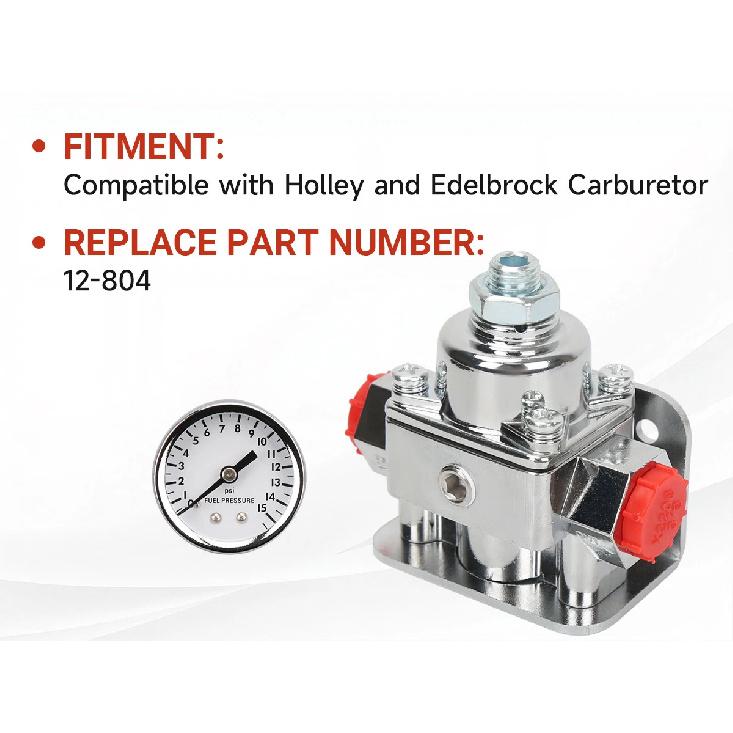 12-804 Fuel Pressure Regulator Carburetor with Gauge Kit 1-4 PSI 3/8IN NPT Port 1-IN&2-OUT Compatible with Holley and Edelbrock