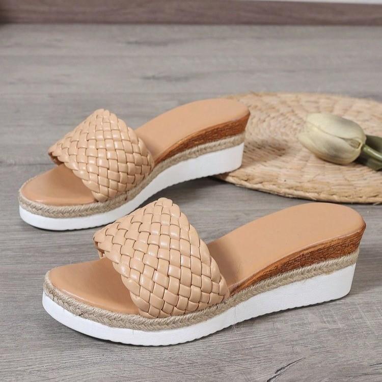 

Большой размер крутые тапочки женские 2025 новые плетеный ремешок однотонные с открытым носком женская обувь повседневные тапочки женские 36 абрикосовый