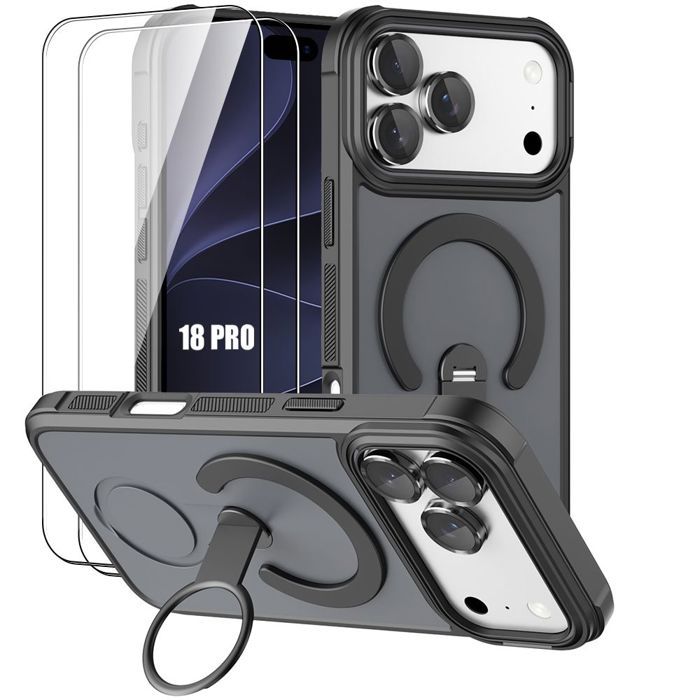 Coque + 2 Verres Trempés pour iPhone 18 Pro, Anti-Rayures avec Cercle Magnétique et Support - Noir
