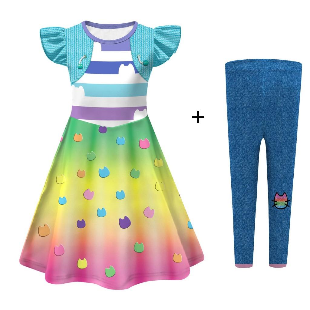 26255 Kids Girls Gabby Printed Ruffle Dress Pants Bag Set Outfit Halloween Cosplay Costumes