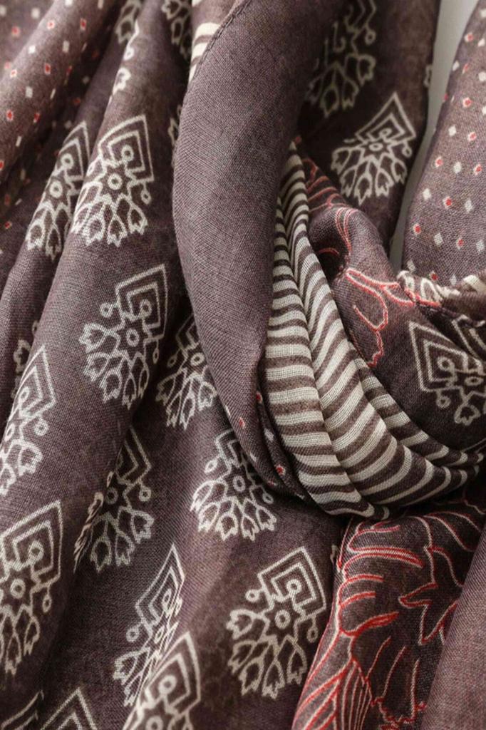 Brown Scarf with Floral Print and Stripes 180X90 - Cotton with Viscose