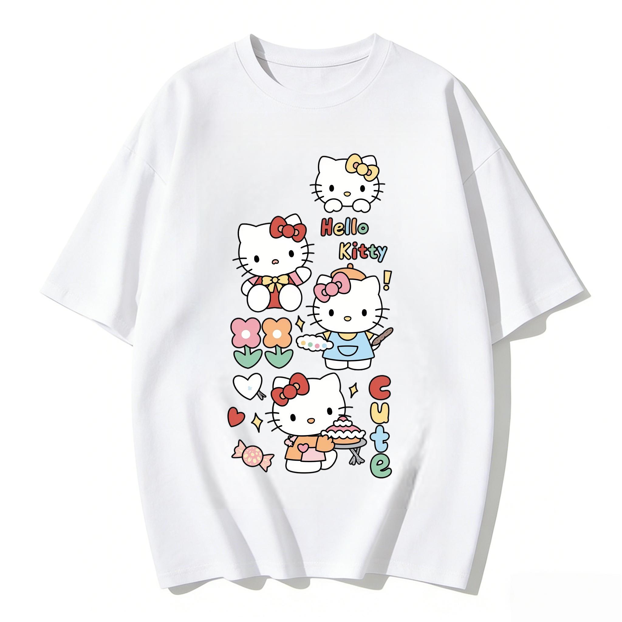 

2026 Hello Kitty Cartoon Printed Short Sleeve Summer Cotton Tshirts Womens Family Matching Outfits Tops Tee Trendy Y2k Tops S