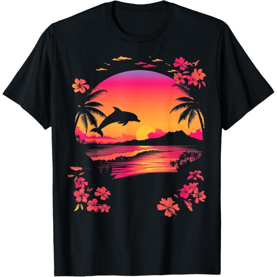 Tropical Sunset Dolphin Pink Beach Scene Men Women Kids T-Shirt S