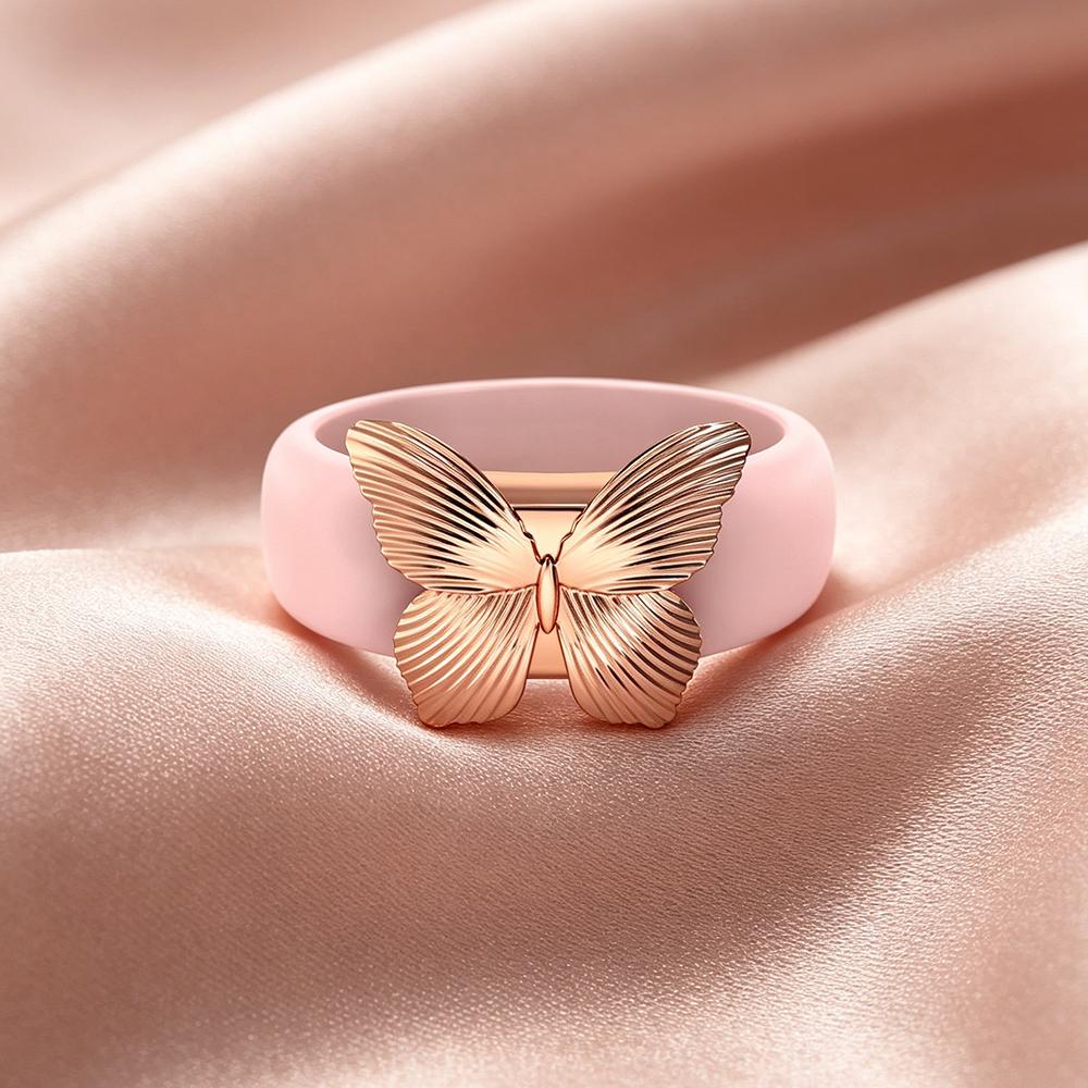 Rosa Silikonband Schmetterlingsring, Roségoldbeschichteter Schmetterlings-Charme Statement-Ring, Hypoallergener Klobiger Stapelbarer Ring für Frauen 8 brown
