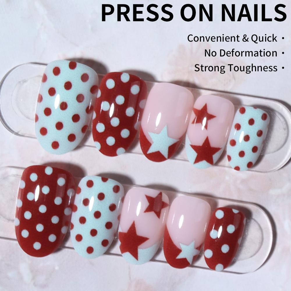 24pcs Oval Star Polka Dot Nail Stickers, Acrylic , Perfect Fit, Set Includes: 1pc Jelly Gel And 1pc Nail File. Short Nai