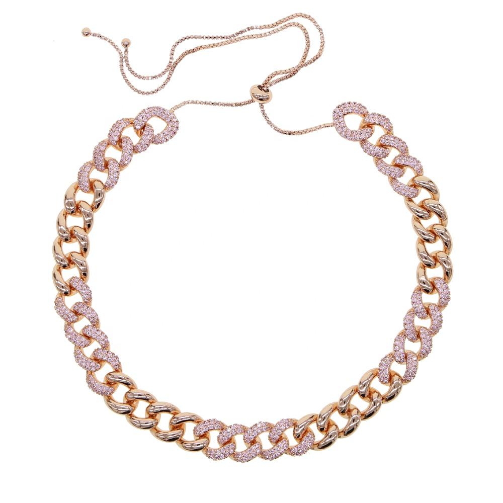 Angebot Neues Design Bling Kette Roségold plattiert rosa Zirkonia Miami Cuban Link Damen Halskette