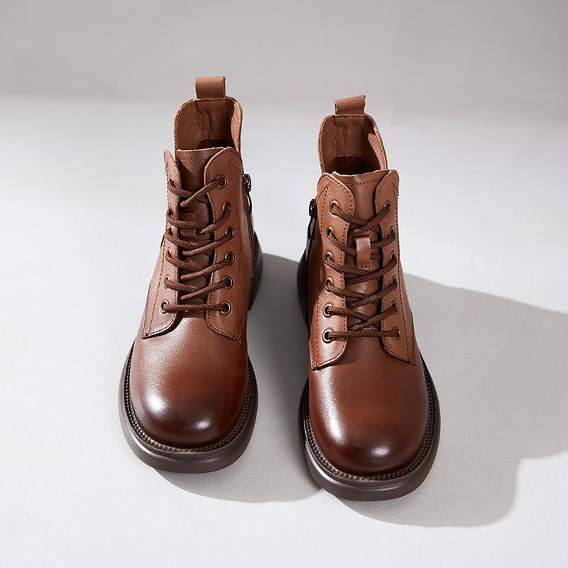 First Layer Cowhide Martin Boots Women's 2025 Autumn and Winter New Velvet Leather Retro V-mouth Short Women's Boots