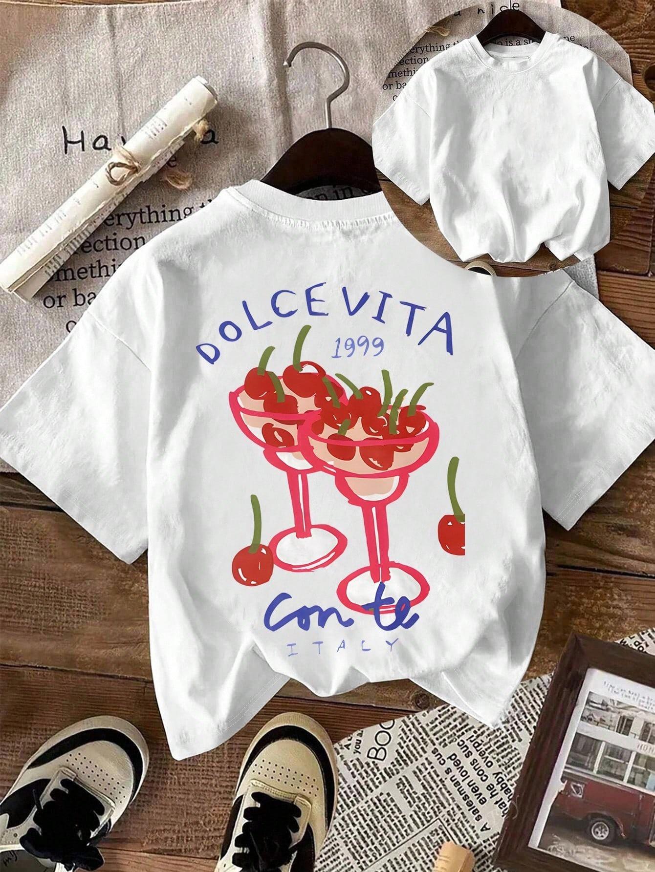 

Sweet Cherry Cocktail Fruit Party Printed Shirt Vintage Glissea Graphic Tops Womens Round Neck Blouse Tee Short Sleeve TShirt S