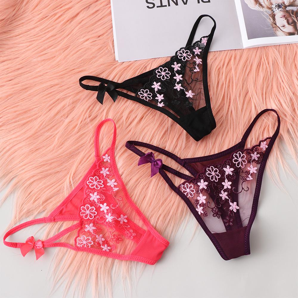 1PC Lady Erotic Lingerie Sexy Lace Flowers Panties Low Waist G-string Transparent T-back Briefs Women Charming Thongs Underwear