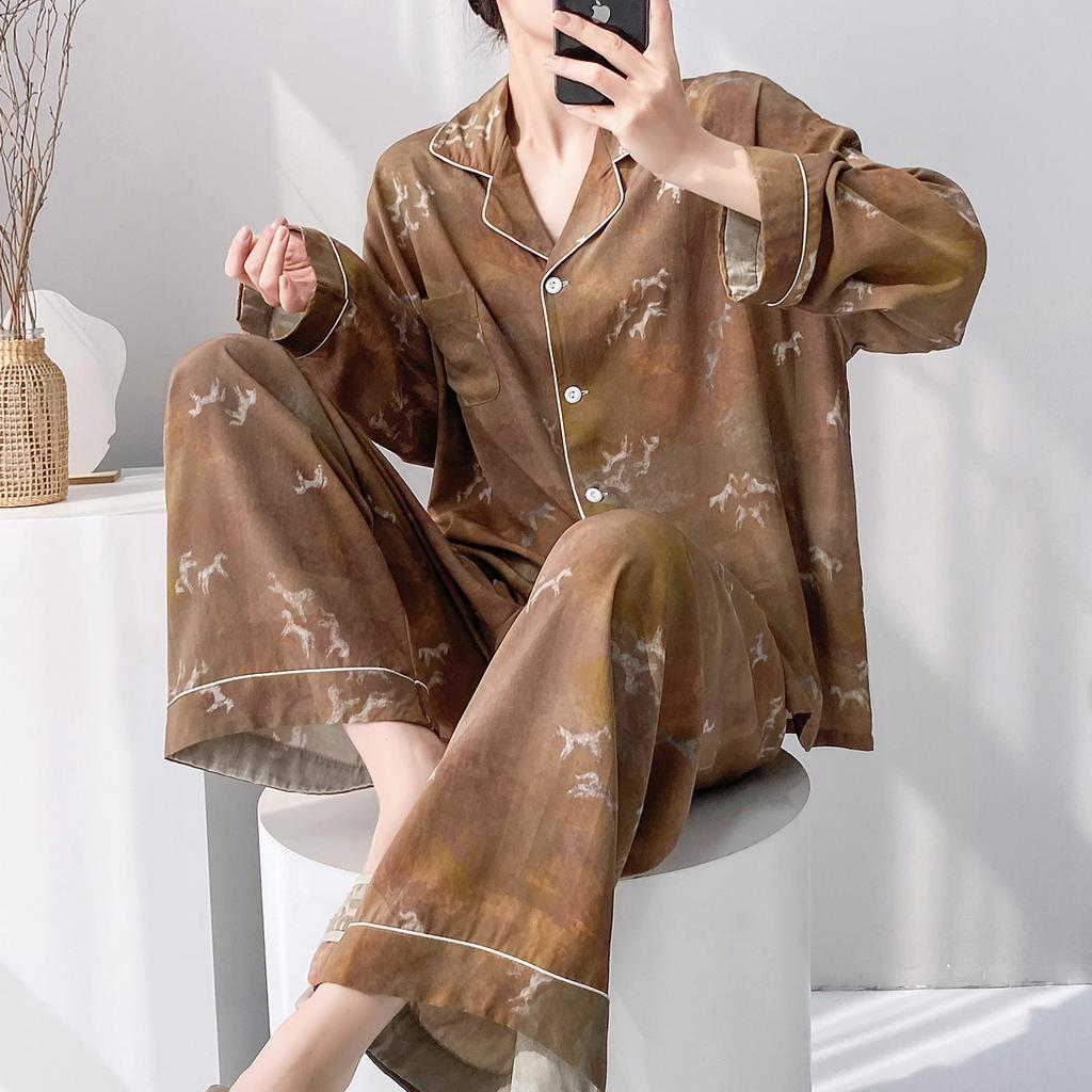 Cotton and silk suit spring and summer long-sleeved cardigan loungewear sweet wind floral pajamas women's spring and autumn thin pajamas can be worn