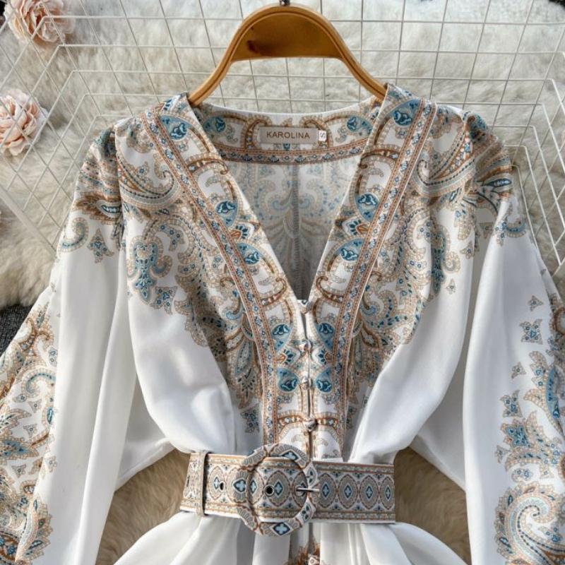 Court Style Retro Printing One Piece Dress Women V-neck Elegant Short Party Dresses Female French Belt High Waist Chic Dress Vacation