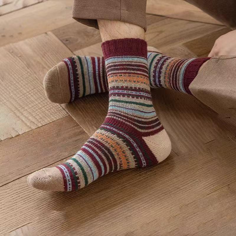 Men's Ethnic Style Mid-Calf Wool Socks - Thick, Warm, Double-Way for Autumn/Winter