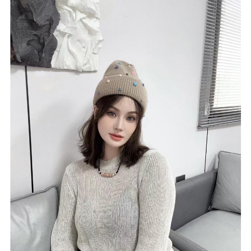 New Rabbit Hair Handmade Colorful Pearl Wool Hat Men and Women Outdoor Warm Personality Street Knitted Head Cold Hat